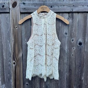 Fire Los Angeles Cream/Beige Lace Hi-Neck Keyhole Back Sleeveless Top,Small,NWT